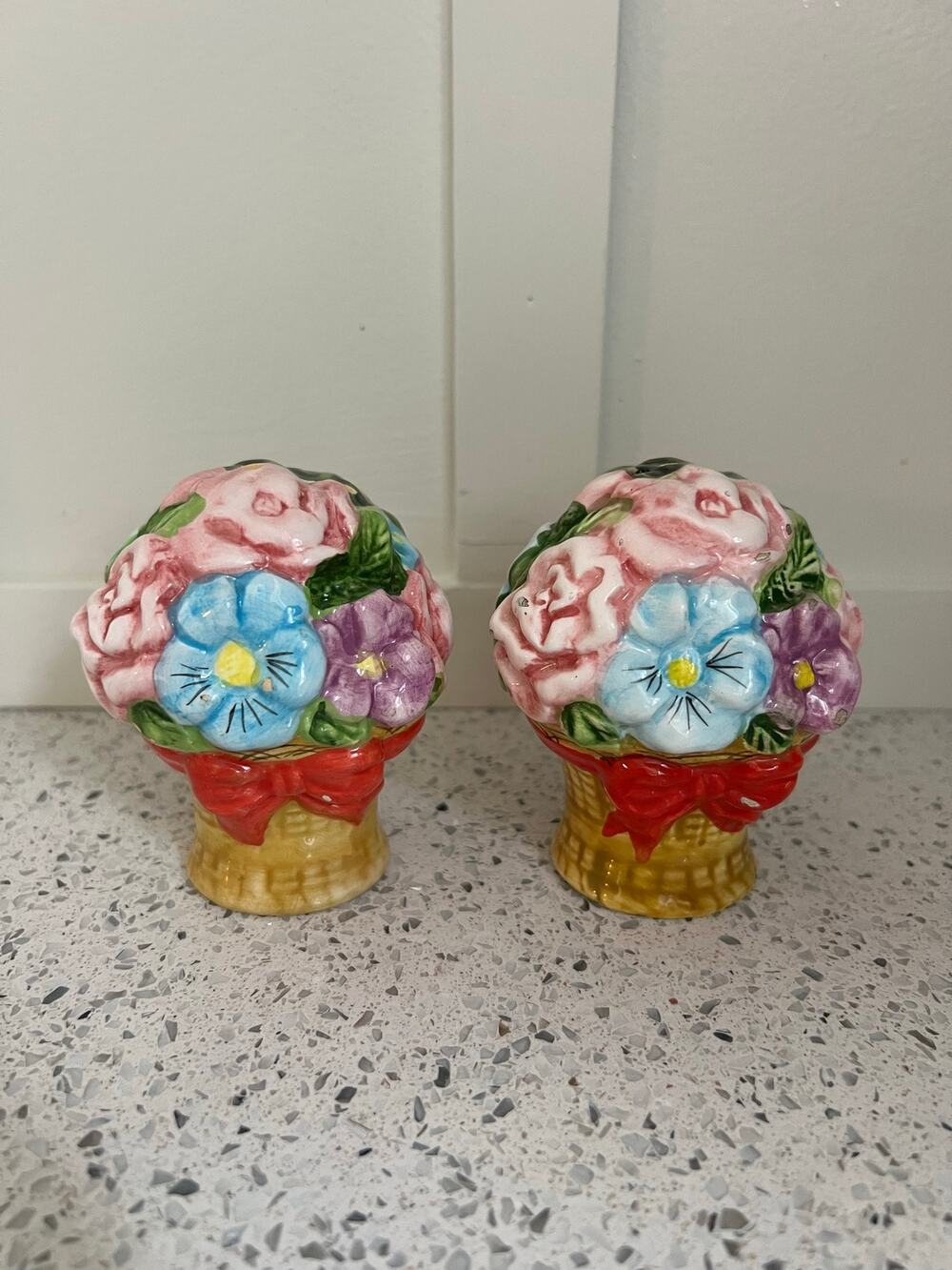Vintage Floral Basket Salt Pepper Shakers Ceramic Roses Cottagecore Pair